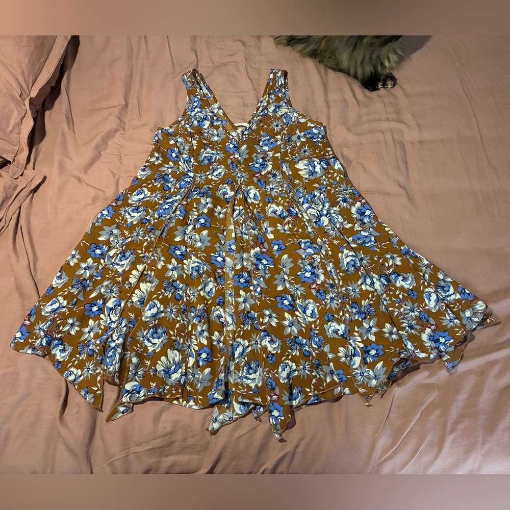 Mittoshop Mustard Sleeveless V-Front/Back Floral Dress Small